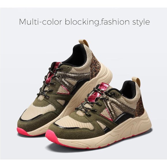 Brand New Women Khaki/Beige Polyurethane LUCKY STEP Leopard Chunky Sneakers - Picture 2 of 9